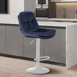 Tabouret de bar en velours Laurel, blanc bleu