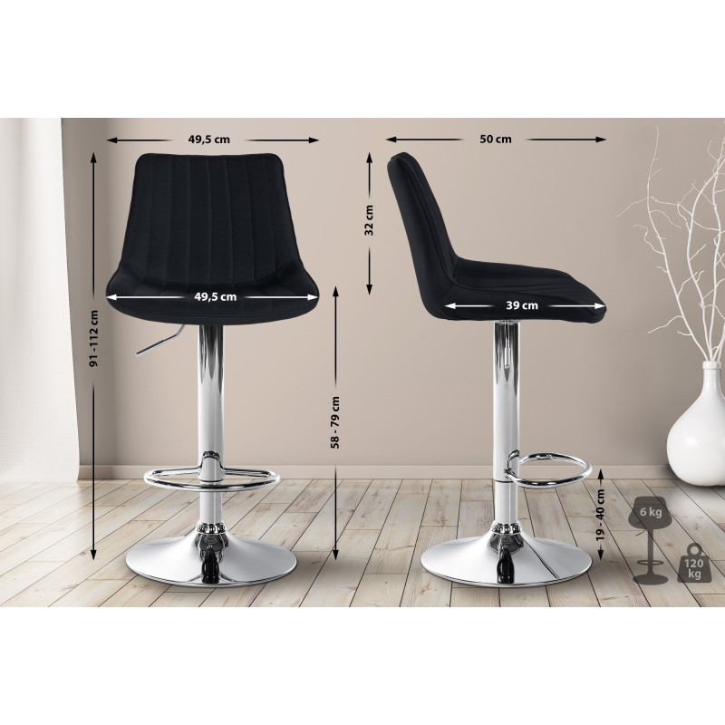 Ensemble de 2 tabourets de bar Toni, tissu, chrome noir