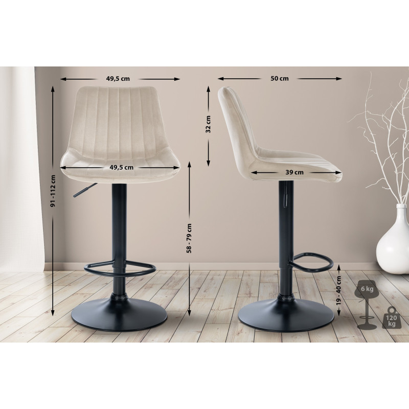 Lot de 2 tabourets de bar Toni en velours noir crème