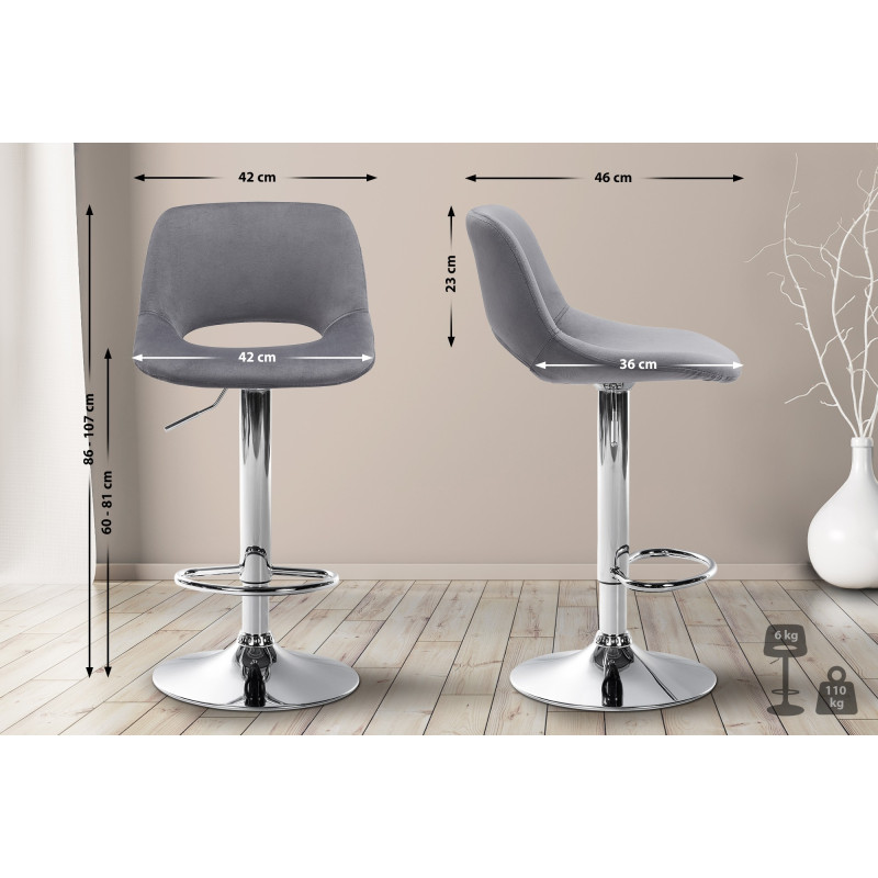 Tabouret de bar Camden, velours, chrome gris foncé