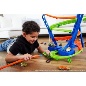 HOT WHEELS Coffret Piste Cyclone Crash HJT51, Grand Circuit motorisé (70 cm de Haut) avec 3 Zones de carambolages, 1 véhicule