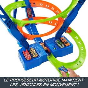 HOT WHEELS Coffret Piste Cyclone Crash HJT51, Grand Circuit motorisé (70 cm de Haut) avec 3 Zones de carambolages, 1 véhicule