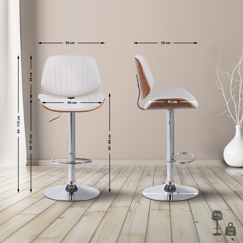 Lot de 2 tabourets de bar Clawson en tissu chromé noyer/crème