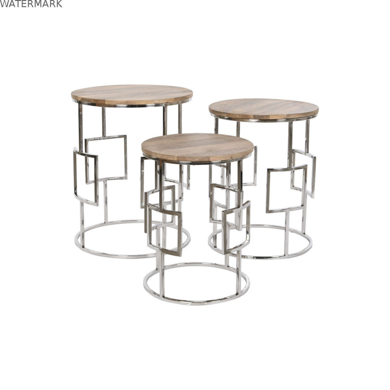 Jeu de 3 tables Home ESPRIT Marron Argenté Naturel Acier Bois de manguier 49,5 x 49,5 x 62 cm