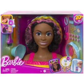 Barbie - Ultra Chevelure - Tete a Coiffer brune frisée meches arc-en-ciel - Poupée Mannequin - 3 ans et + - BARBIE - HMD79 - POU