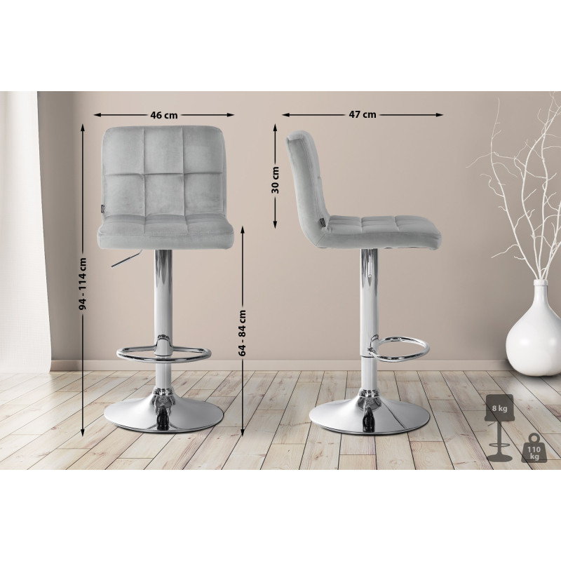 Ensemble de 2 tabourets de bar en velours Pérou, chromés gris