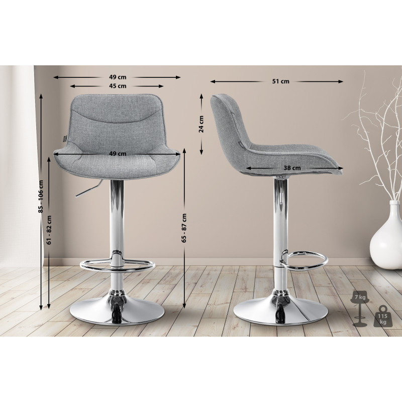 Ensemble de 2 tabourets de bar Vonore, tissu, chrome gris
