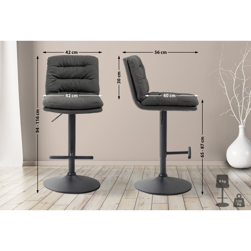 Lot de 2 tabourets de bar Damar, tissu, noir gris foncé