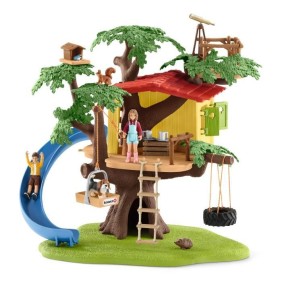 Cabane aventure dans les arbres, coffret de 60 pieces détaillées avec balançoire, 2 figurines d'enfant et figurines d'animaux,