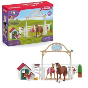 Enclos pour chevaux d'Hannah avec chienne Ruby, coffret schleich avec 20 éléments inclus dont 2 chevaux schleich, coffret figuri