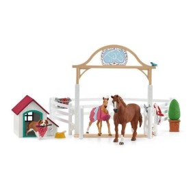 Enclos pour chevaux d'Hannah avec chienne Ruby, coffret schleich avec 20 éléments inclus dont 2 chevaux schleich, coffret figuri