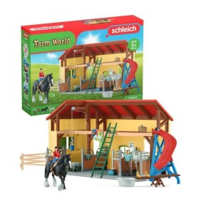 Écurie avec boxes et animaux, coffret de 82 pieces avec chevaux, petits animaux de la ferme, outils et figurines de fermier, jou