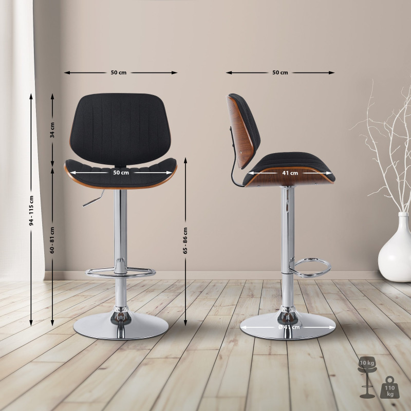 Tabouret de bar Clawson, tissu, chrome noyer/noir