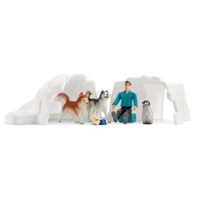 Expédition en Antarctique , Coffret schleich avec 1 figurine humaine articulée, 2 figurines de chien de traineau Huskies et 1