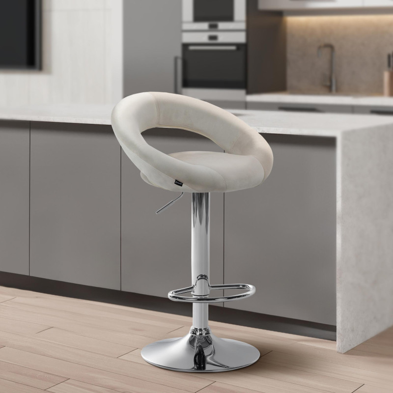 Tabouret de bar Olinda, velours, chrome crème
