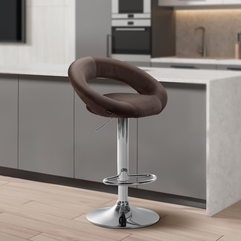 Tabouret de bar Olinda, velours, chrome brun