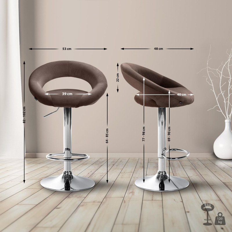 Tabouret de bar Olinda, velours, chrome brun