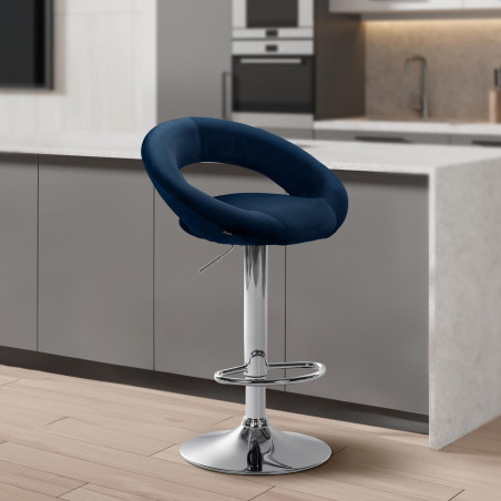 Tabouret de bar Olinda, velours, chrome bleu