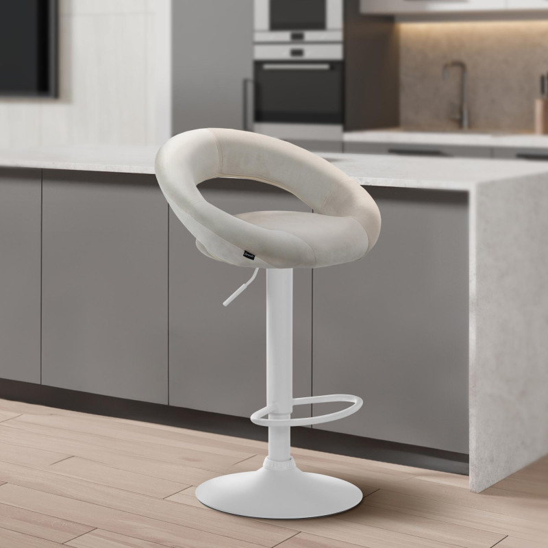 Tabouret de bar Olinda, velours, blanc crème