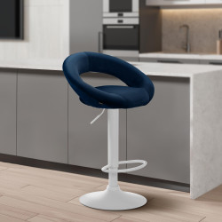 Tabouret de bar Olinda velours blanc bleu