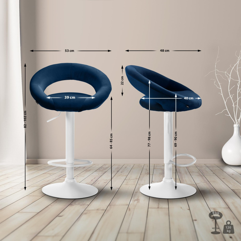 Tabouret de bar Olinda velours blanc bleu