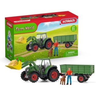 Tracteur et remorque, Coffre schleich avec 1 tracteur, 1 rremorque,  1 figurine humaine articulée, 1 figurine chien, pour enfant