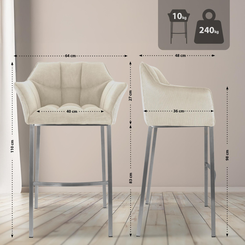Tabouret de bar Damaso E Cord avec piètement à 4 pieds crème