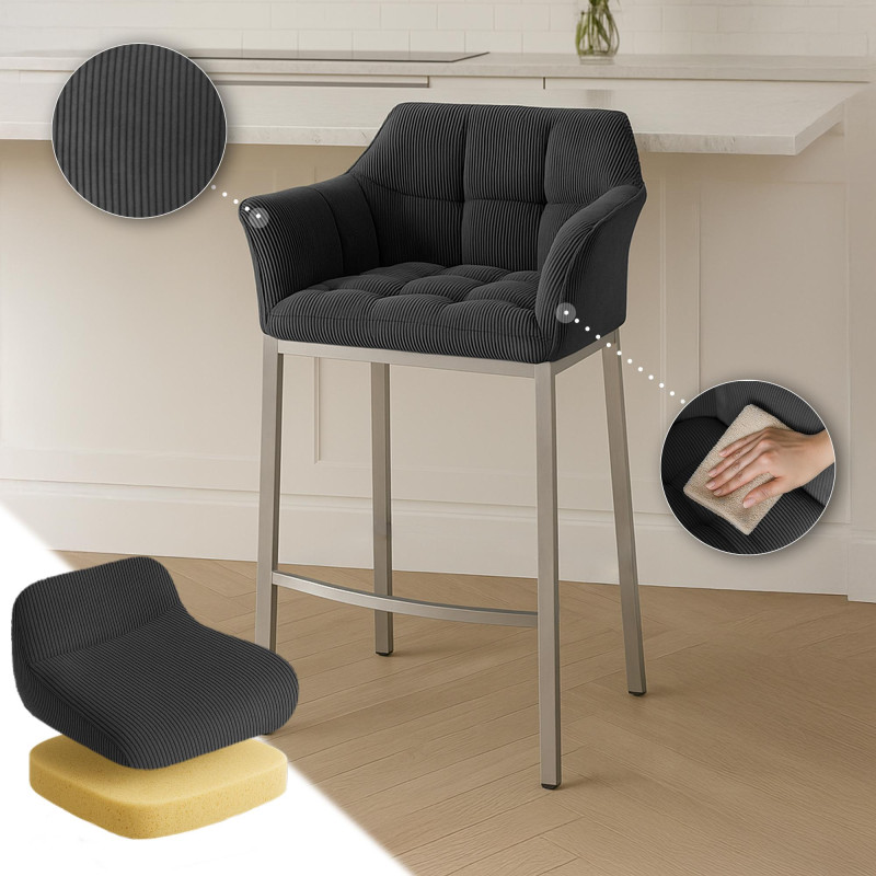 Tabouret de bar Damaso E Cord avec structure à 4 pieds gris foncé