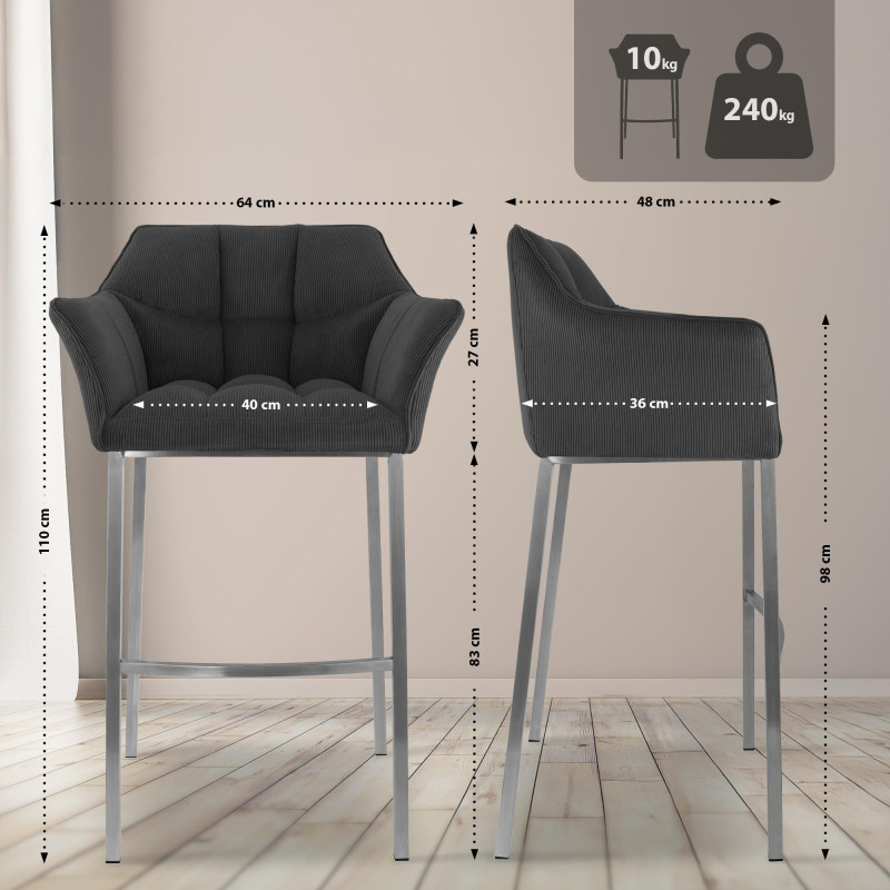 Tabouret de bar Damaso E Cord avec structure à 4 pieds gris foncé