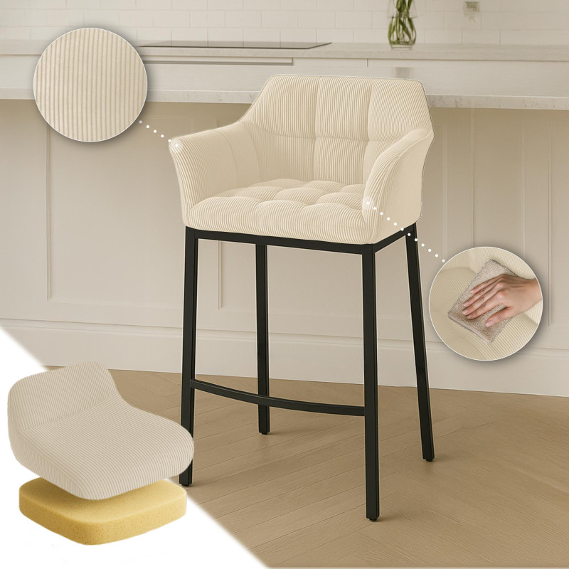 Tabouret de bar Damaso B Cord avec structure à 4 pieds crème