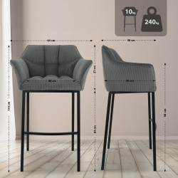 Tabouret de bar Damaso B Cord avec piètement à 4 pieds gris