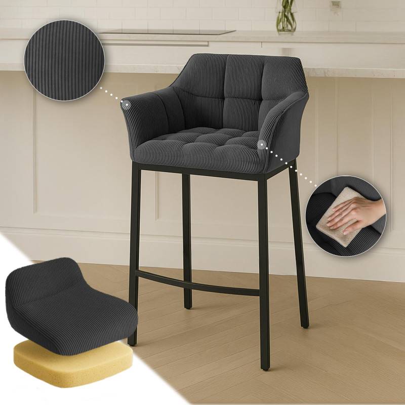 Tabouret de bar Damaso B Cord avec structure à 4 pieds gris foncé