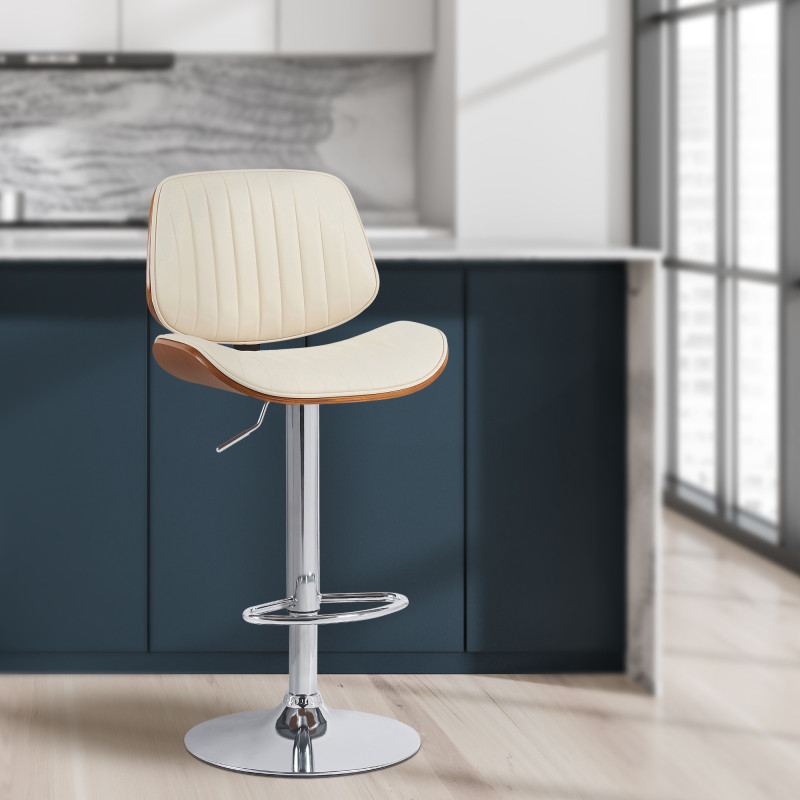 Lot de 2 tabourets de bar Clawson, similicuir, chrome, noyer/crème