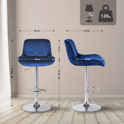 Lot de 2 tabourets de bar Solon, chromés et velours bleu