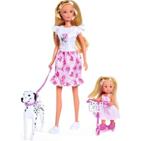 Steffi Love poupée dalmatien + Evi Love - 2 poupées 29 et 12 cm - 2 Figurines Dalmatien - Trotinette Evi - Des 3 ans