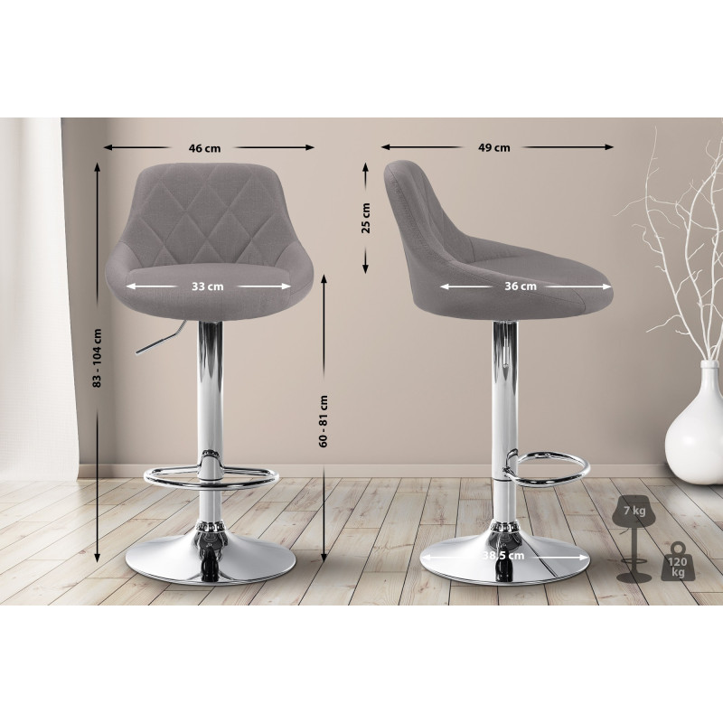 Tabouret de bar Lazio en tissu chromé gris