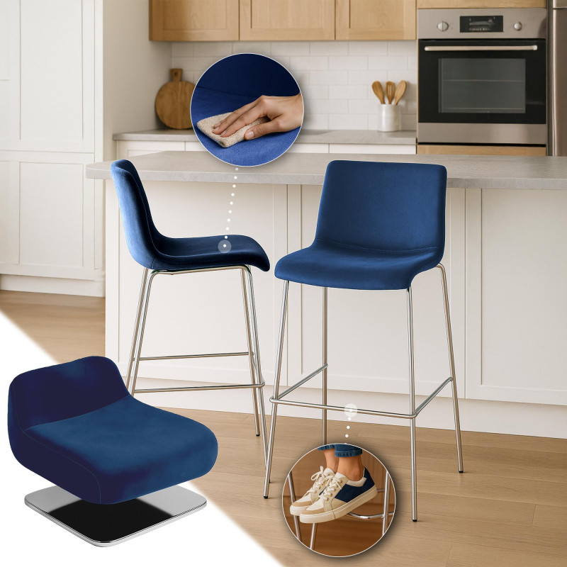 Tabouret de bar Hoover en velours, 4 pieds, chromé bleu