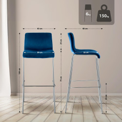 Tabouret de bar Hoover en velours, 4 pieds, chromé bleu