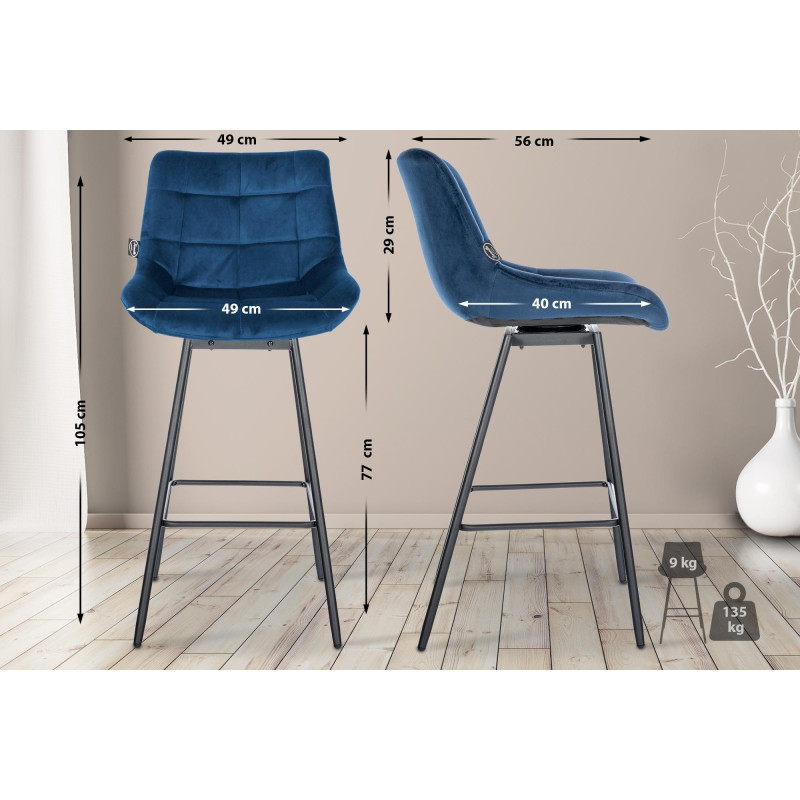 Ensemble de 4 tabourets de bar pivotants Weston en velours bleu