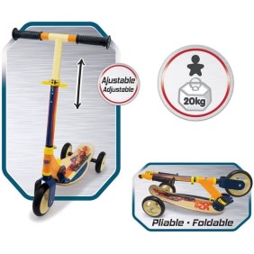 Smoby - Cars - Patinette pliable - 3 roues silencieuses - Plateau bois - Jaune et Multicolore - Trottinette avec guidon réglable