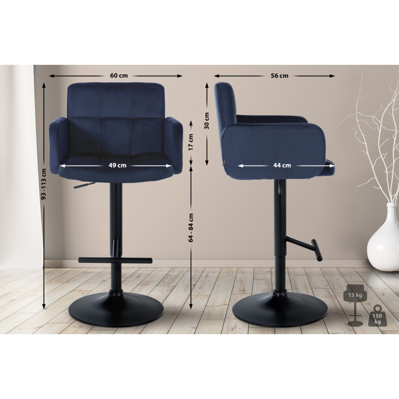 Ensemble de 2 tabourets de bar Los Angeles en velours noir bleu