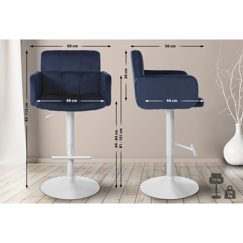 Set di 2 sgabelli da bar Los Angeles in velluto blu,bianco