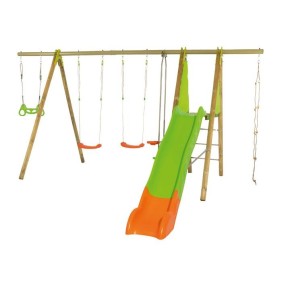 Station de jeux bois poutre métal TECHWOOD MAKUTA 2,30 m + toboggan 8 enfants