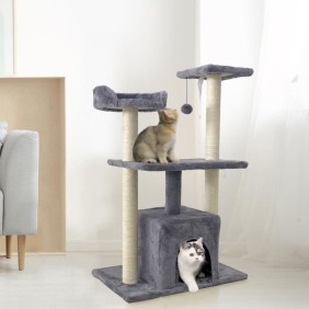 ROMY Arbre a chat gris 60 x 40 x 95cm - 3 plateformes, 1 niche poteaux a griffer