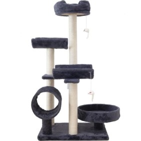 GARFIELD Arbre a chat gris 55 x 40 x 116 cm - 1 tunnel, 4 plateformes, poteaux a griffer