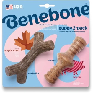 Benebone Puppy Lot de 2 Jouets a m‚cher pour chiots durables saveur bacon, bois d'Èrable vÈritable