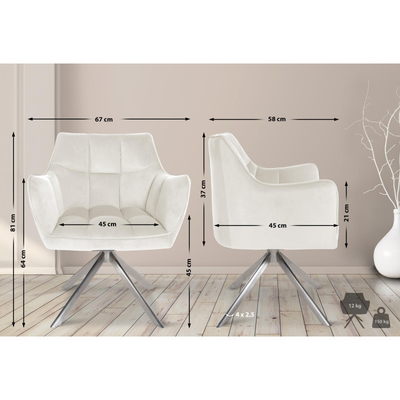 Chaise de salle à manger suspendue, velours, acier inoxydable, crème