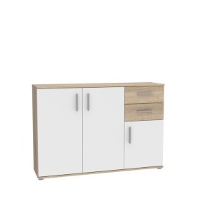 Meuble de rangement  IKOLI - 3 portes, 2 tiroirs - Décor chene Sonoma et blanc - L119,6 x P31,4 x H81,7 cm - Poignées en plastiq