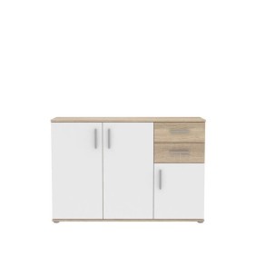 Meuble de rangement  IKOLI - 3 portes, 2 tiroirs - Décor chene Sonoma et blanc - L119,6 x P31,4 x H81,7 cm - Poignées en plastiq