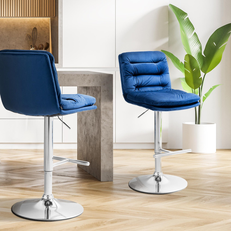 Tabouret de bar Damar en velours chromé bleu